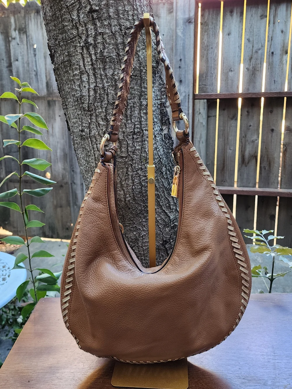 Michael Kors Lauryn Large Brown Leather Shoulder Bag Hobo Whipstitch Tassel